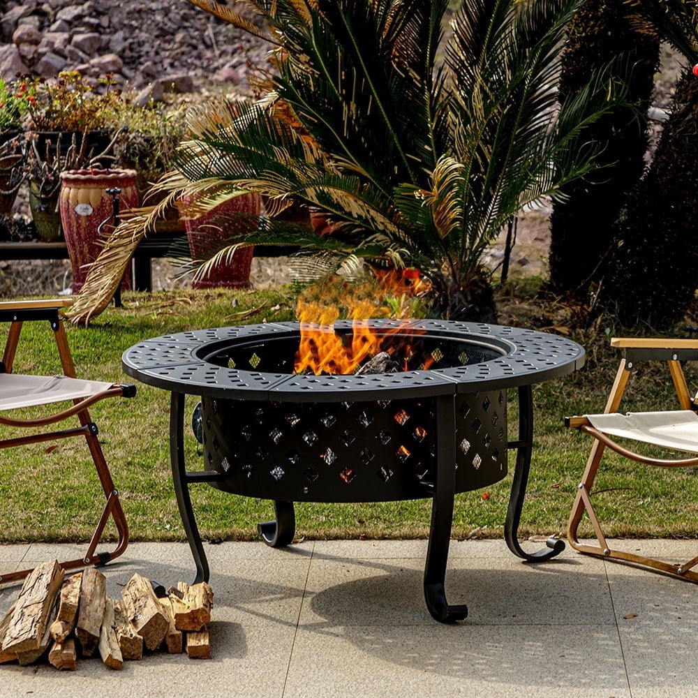 Outvue 36 inch Metal Fire Pit with 2 Grill and Lid for Outside