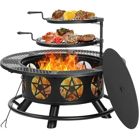 Outvue 42 Inch Fire Pit with 2 Grills, Extra Large Wood Burning Fire Pits for Outside with Lid & Poker, Heavy Duty Firepit,BBQ& Outdoor Fire Pit & Round Metal Table 3 in 1 for Patio, Picnic, Party