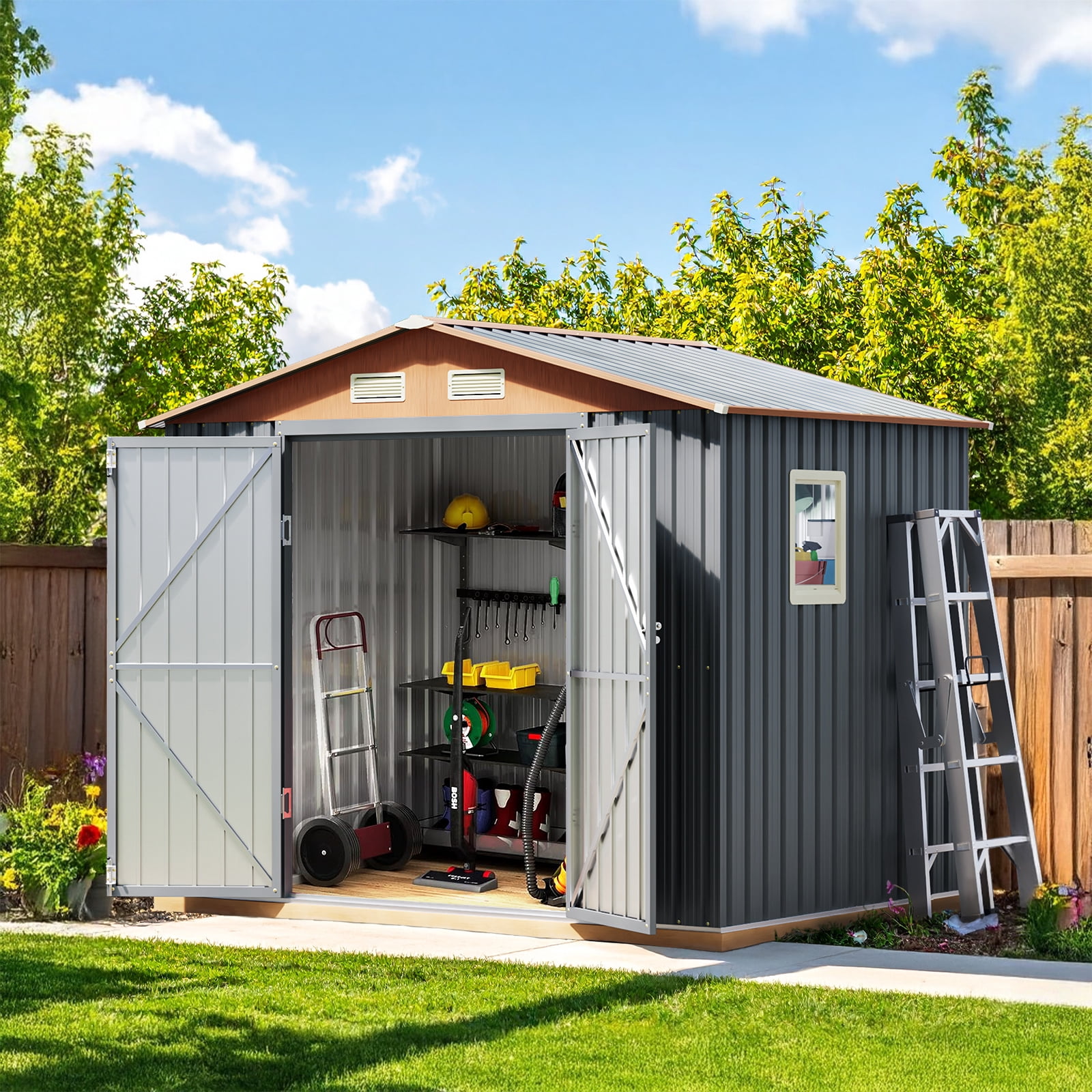 Outvue 8x6FT Outdoor Storage Shed, Steel Shed with Lockable Doors ...