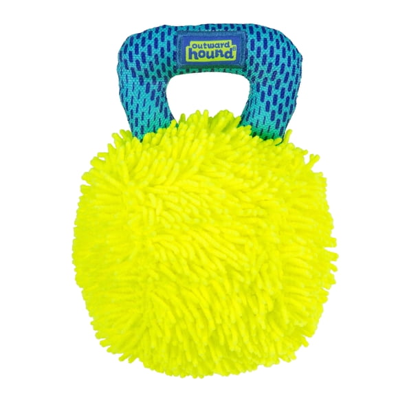 Outward Hound FlyFetch Giggles & Squeaks Ball Dog Yellow Interactive Dog Toy with Handle for Tug & Fetch