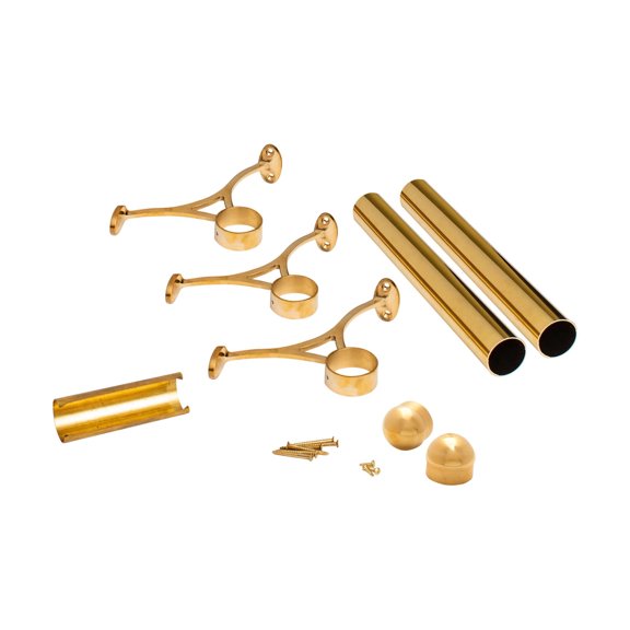 Outwater 2" Diameter x 5' Solid Brass Bar Foot Rail Kit - Complete Undercounter Mount Hardware and Tubing, Dome End Cap, Brass Finish