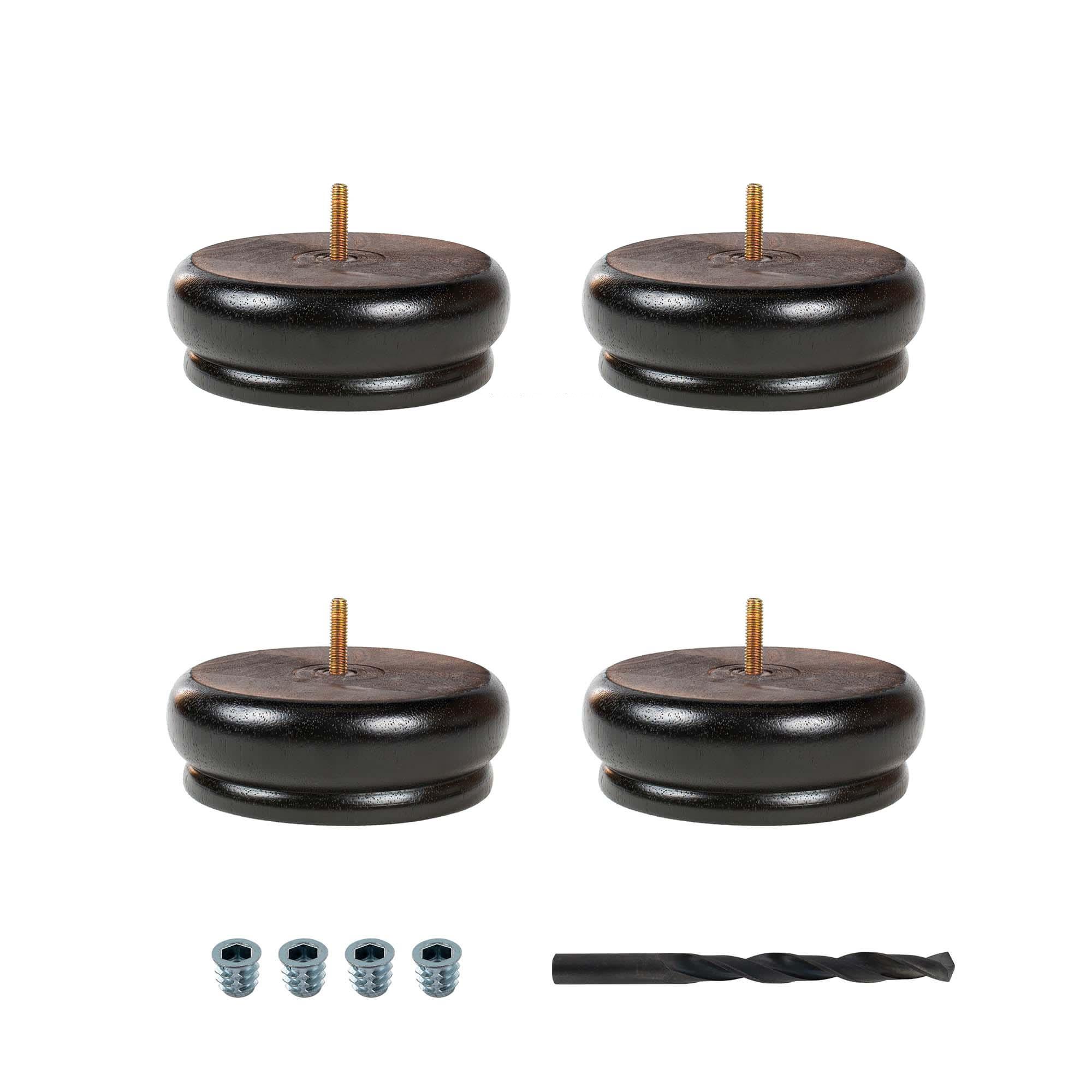 Outwater 2 in. H x 5-1/2 in. Dia Stained Espresso Solid Hardwood Bun Foot Leg for Furniture 4 Pack with 4 Free Insert Nuts and Drill Bit