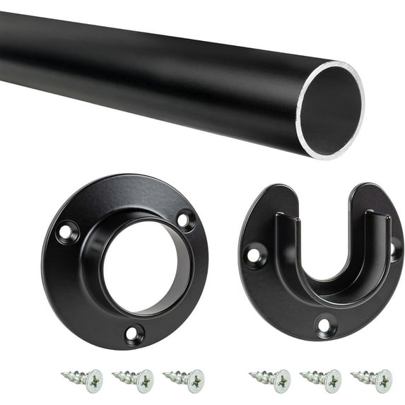 Outwater 32" Black Aluminum Closet Rod Kit – 1-5/16" Diameter with Matching U & O Flanges and Mounting Screws