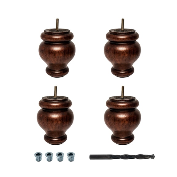 Outwater 5 in. H x 4 in. Dia Stained Cherry Solid Hardwood Bun Foot Leg for Furniture 4 Pack with 4 Free Insert Nuts and Drill Bit