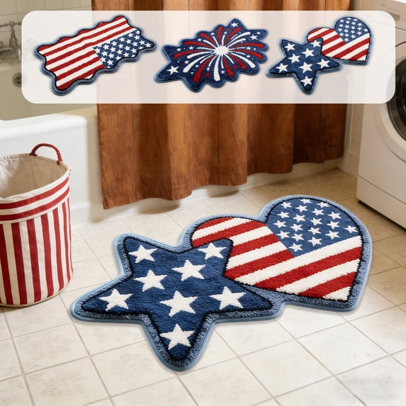 Ouuluon 4th of July Bathroom Rugs Patriotic Flag Welcome Doormat, Slip Resistant Decorative Floor Mat for Independence Day Indoor Outdoor Entryway