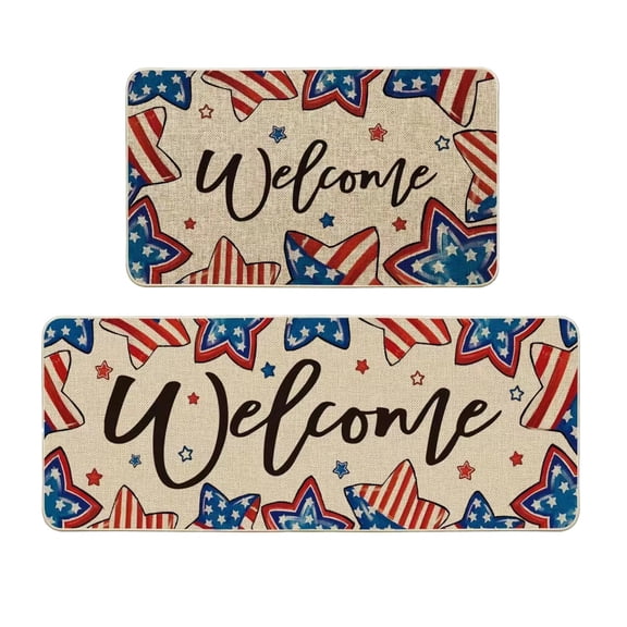 Ouuluon 4th of July Kitchen Rugs 2 Piece Patriotic Kitchen Mat Set, Red White Blue Themed Washable Carpet for Kitchen Entryway Independence Day