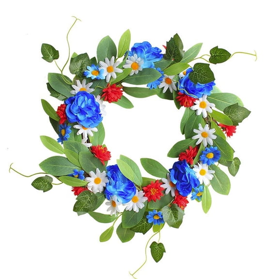 Ouuluon 4th of July Patriotic Simulation Wreath, Red White and Blue Door Hanging Decor for Independence Day Memorial Day Labor Day Indoor Outdoor
