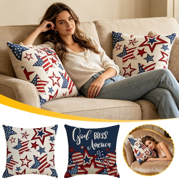 Ouuluon 4th of July Pillow Covers Patriotic Printed Pillow Case, White Soft Sofa Cushion Case for Home Living Room Festival Decor