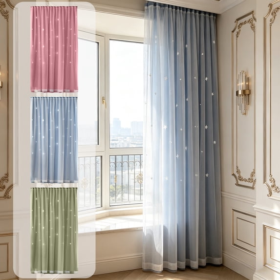 Ouuluon Blackout Curtains No Drill Magic Tape Star Cutout Curtain, Blue Double Layer Sheer Thermal Insulated Window Drape for Bedroom Living Room