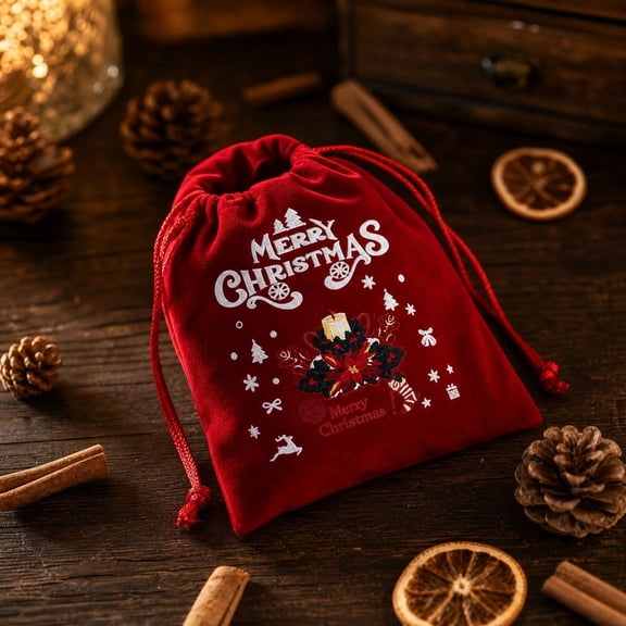 Ouuluon Christmas Drawstring Gift Pouch, Velvet Holiday Storage Bag for Small Jewelry Treats Christmas Party Present