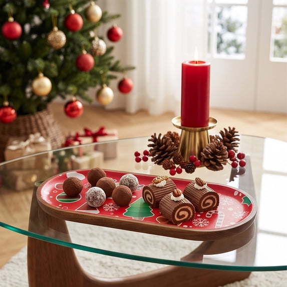 Ouuluon Christmas Printed Serving Tray, Wooden Rim Decorative Tray for Cookies Desserts Tabletop Decor