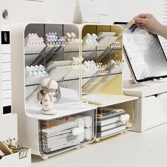 Ouuluon Desk Organizer Large Capacity 7-Grid Slanted Desktop Storage, White Multi-Lattice Cosmetic Sundries Storage Box for Dormitory Office Home