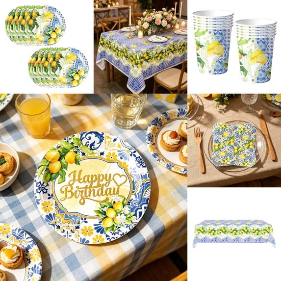Ouuluon Dinnerware Sets, Disposable Time Saving Party Supplies, Lemon Themed Paper Napkins Plates Cups Tablecloth for Birthday Bbq Picnic Wedding