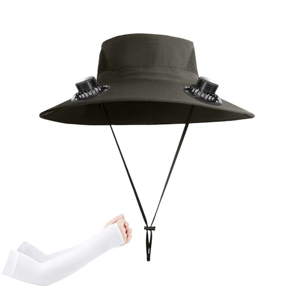 Ouuluon Fan Hat with White Arm Sleeves, Wide Brim Sun Hat with 2 Solar Fan, Sun Bucket Hat for Men or Women Fishing Outdoor Hiking Camping