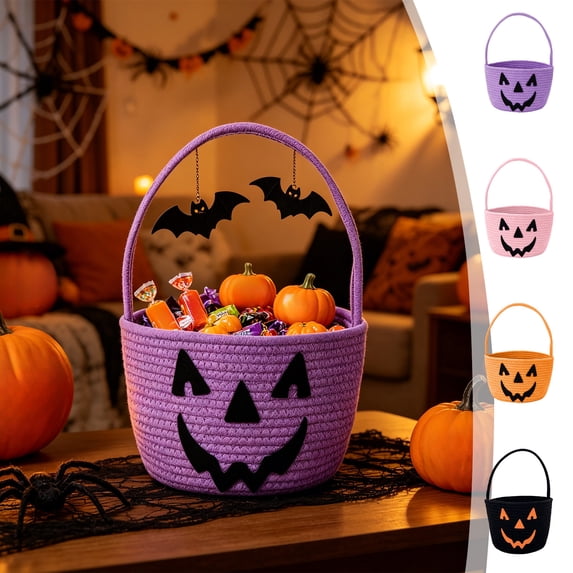 Ouuluon Festive Durable Halloween Pumpkin Storage Basket, 9x7x6 inch Candy Handbag with Spider Bats for Party Gift