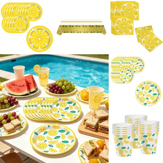 Ouuluon Lemon Themed Dinnerware Sets, Disposable Party Supplies, Absorbent Paper Napkins Plates Cups Tablecloth for Summer Picnic Bridal Birthday