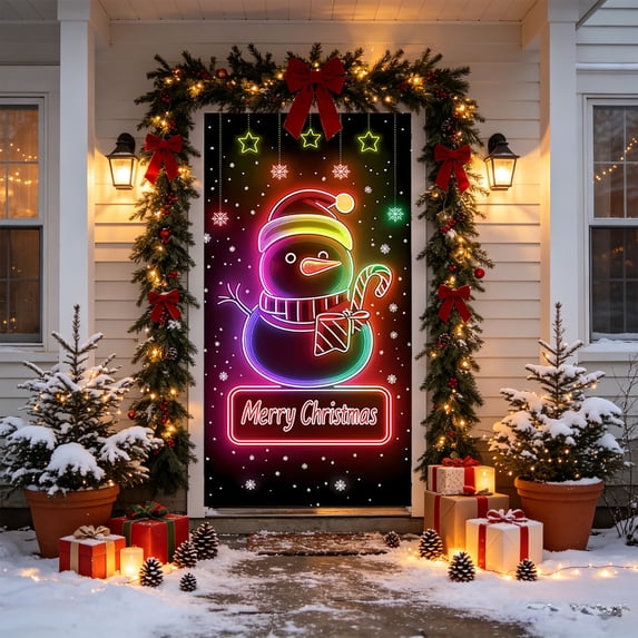 Ouuluon Light Up Christmas Door Cover, 70.9 inches Glow-In-The-Dark Panel for Front Door Holiday Display