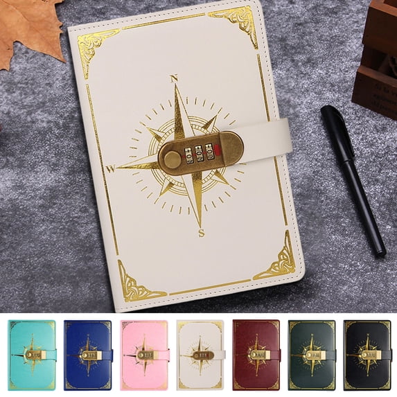 Ouuluon Notebook Compass Pattern Password Diary with Lock, Mint Green Imitation Leather Journal for Middle School Student Office Use