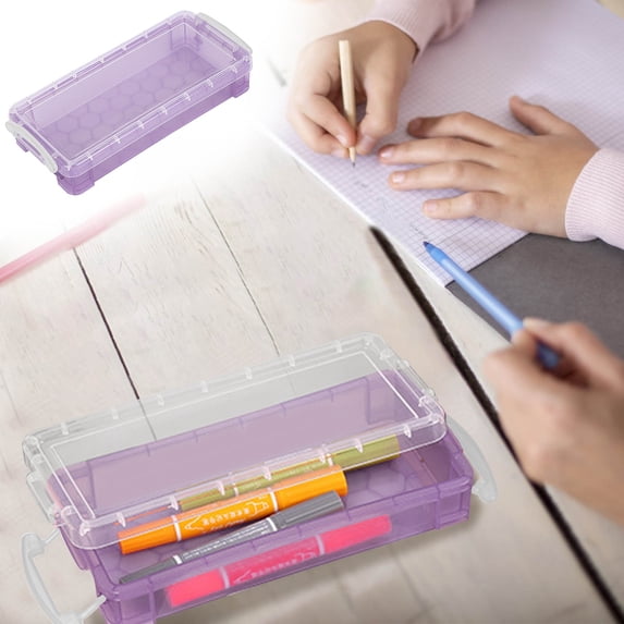 Ouuluon Pencil Case 1 Pack Clear Plastic Pencil Box, Purple Stackable Translucent Organizer Case with Snap Lid for School Office Daily Use
