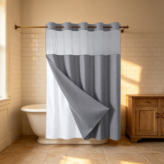 Ouuluon Waterproof Shower Curtain 72x36 inch Double Layer Waffle Weave Polyester Shower Partition Curtain with Large Ring Hooks
