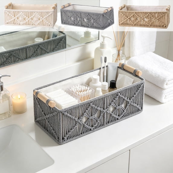 Ouuluon Woven Basket, Portable Storage Baskets, 12x5x4in White Baskets with Wooden Handles for Organizing Bathroom Shelf Bedroom Home