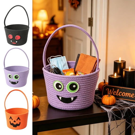 Ouuluon halloween storage baskets, multi-purpose cute basket, 14×8in Purple Linen Woven Storage Basket With Handle For Home Festival Party