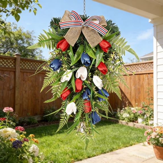 Ouuluon wall decor 4th of july decorations Flower Hanging Sign for Front Door, Independence Day Decoration Tulip Wall Hanger for Party Home Decor