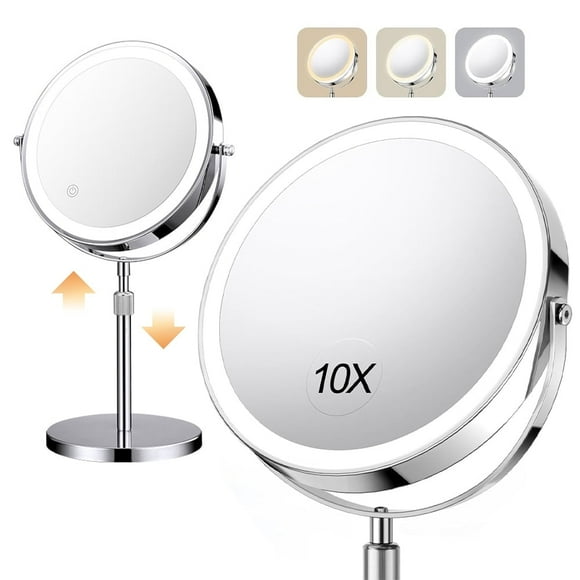 Ouwald Lighted Makeup Mirror with 10X Magnification, 8" Height Adjustable Double Sided Make up Mirror with 3 Colors LED Light Brightness Adjustable, 360Rotation Vanity Mirror