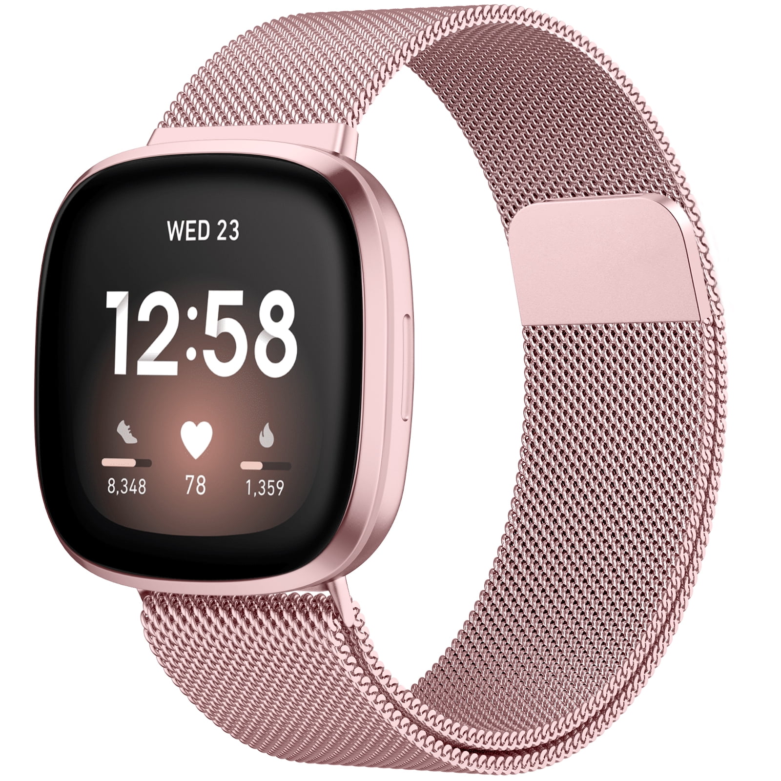 Ouwegaga Compatible with Fitbit Versa 4/Versa 3/Sense 2/Sense Watch Bands for Women Men Stainless Steel Metal Mesh Magnetic Replacement Watch Strap, Rose Gold