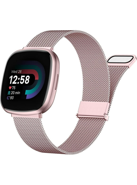 Ouwegaga Compatible With Fitbit Versa 4/Versa 3/Sense/Sense 2 Bands for Women Men, Metal Magnetic Watch Bands, Pink