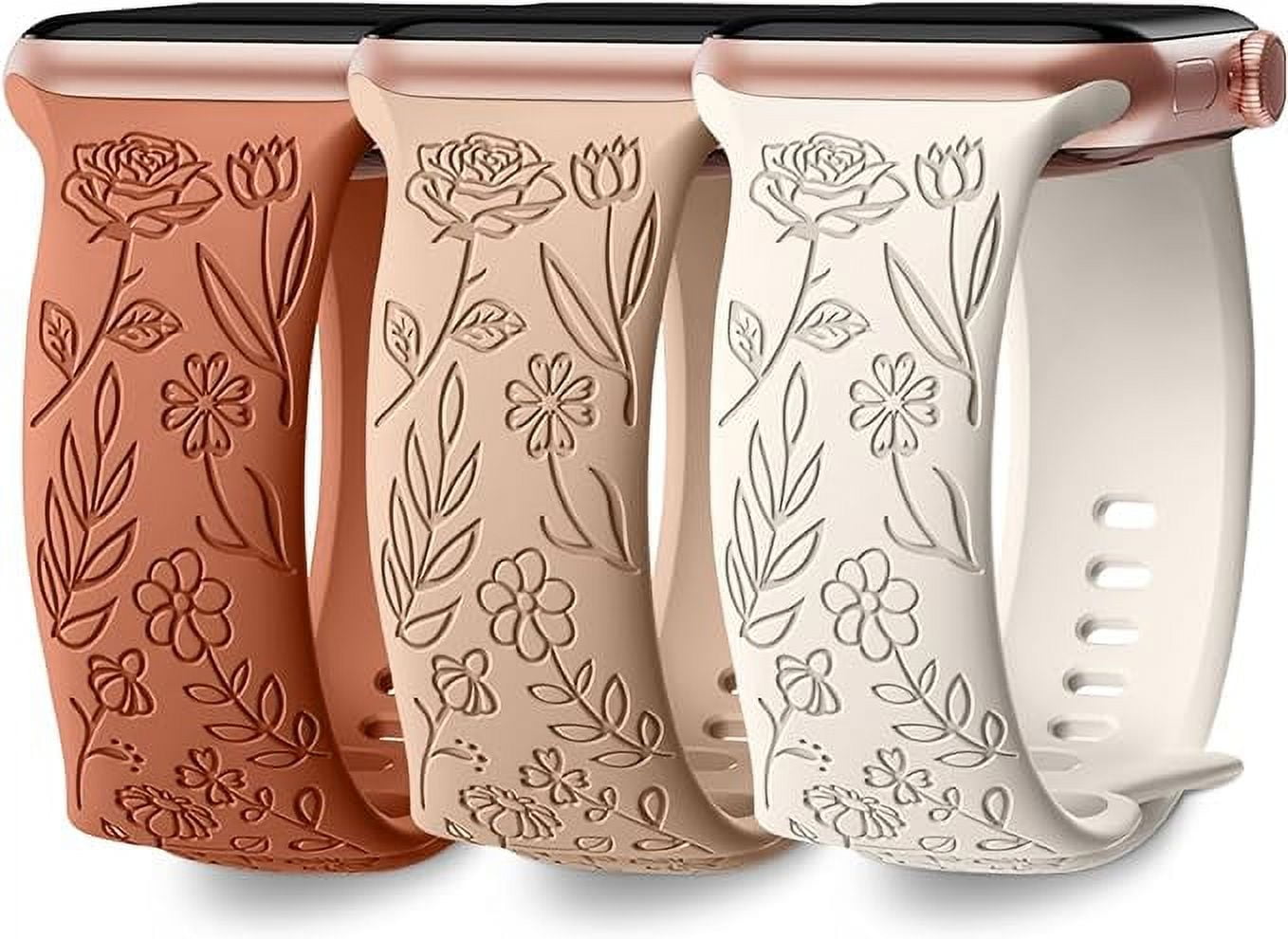 Ouwegaga for Apple Watch Bands 40mm 41mm 38mm for Women, Silicone Engraved Rose Writbands for