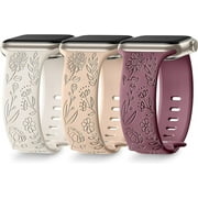 Ouwegaga 3 Pack Bands for Apple Watch Bands 40mm 38mm 41mm for Women Men, Soft Silicone Floral Engraved Strap for iWatch Ultra SE&Series 9 8 7 6 5 4 3 2 1