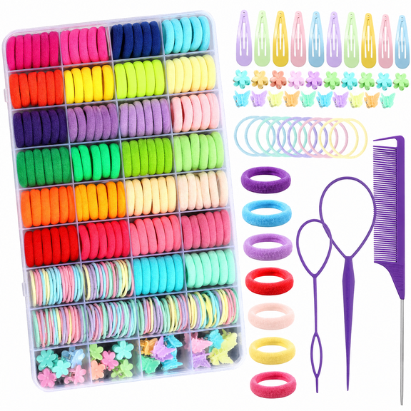 Ouxumoll Hair Accessories for Girls, 36-Grid Toddler Hair Kit with Hair Ties, Snap Clips, Comb & Loop Tool, Candy Color Box Set for Babygirl, Daily Styling