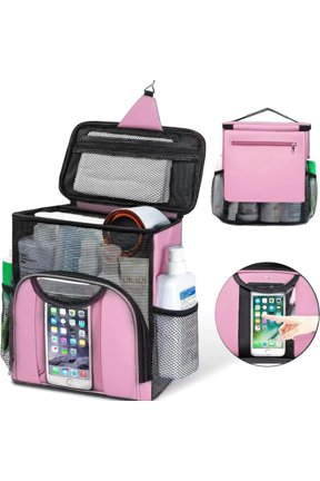 Hanging Toiletry Bag for Women & Men, Large Capacity Travel Bag with Phone Touch Screen Pocket, Portable Mesh Shower Organizer for Bathroom, Pink 2318#