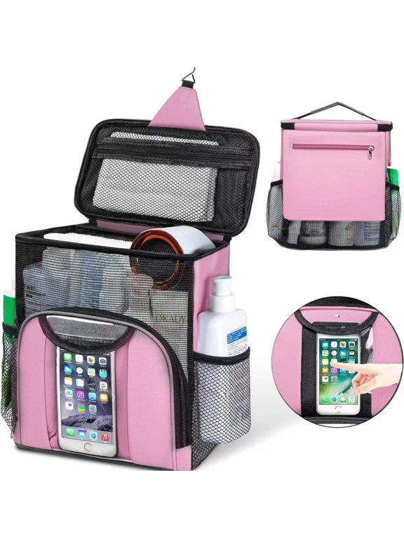 Hanging Toiletry Bag for Women & Men, Large Capacity Travel Bag with Phone Touch Screen Pocket, Portable Mesh Shower Organizer for Bathroom, Pink 2318#