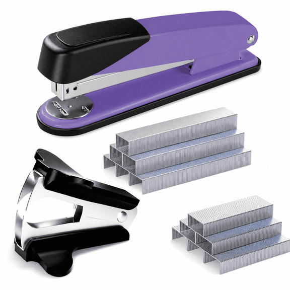 Ouxumoll Heavy Duty Desk Stapler, 50 Sheet Capacity, No Jam, Non-Slip, 2000 Staples and Staple Remover, Purple