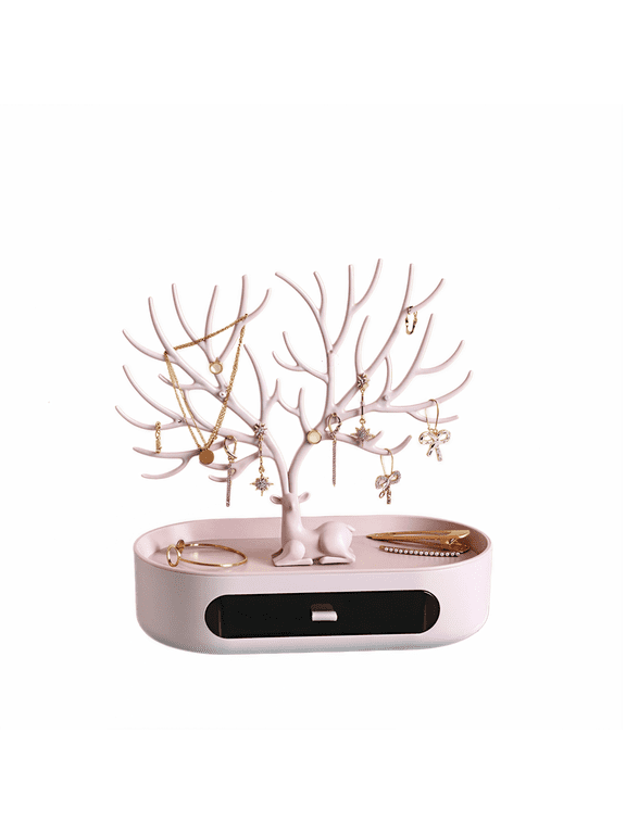 Necklace Holder Stand with Drawer, Pink Jewelry Necklace Holder for Earrings and Rings, Tree Branch Deer Rack for Vanity Desk, Decorative Organizer for Bedroom, 24.5 x 12.5 x 19.5cm