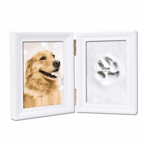 Ouxumoll Pet Paw Print Frame Kit, 5 Inch DIY Clay Paw Print Keepsake, White Hinged Memorial Frame for Dogs and Cats, Non-Toxic Soft Clay for Paw Impression, Desk Tabletop Display
