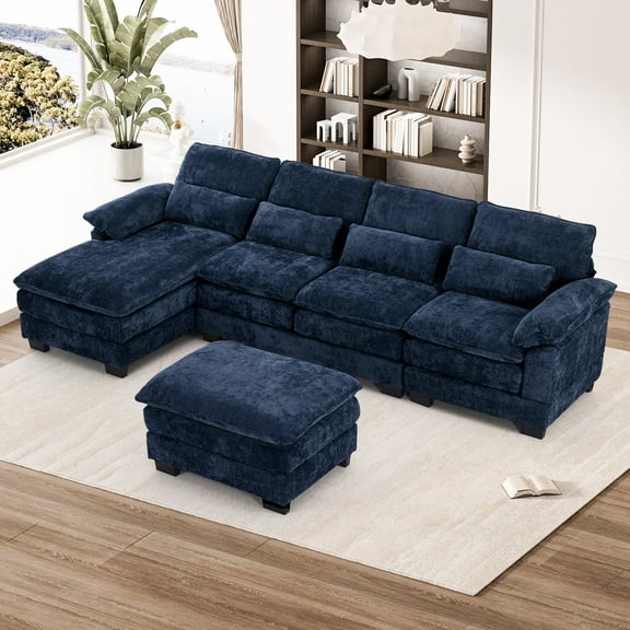 Wiilayok 114" U Shaped Sectional Sofa with Chaise Lounge and Ottoman,Chenille Modular Sectional Sofa Couch for Living Room,Blue
