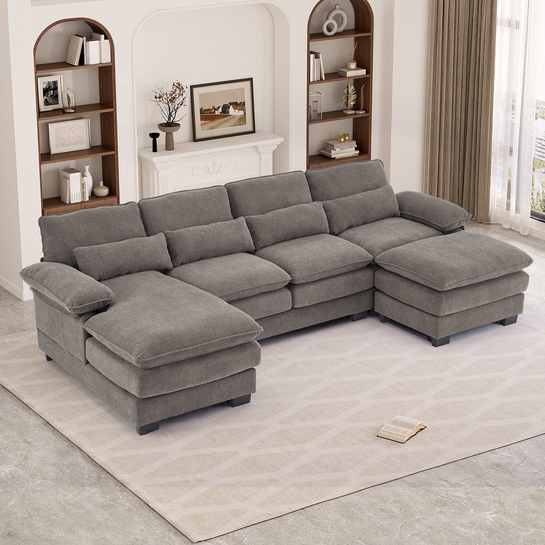 Wiilayok 113" U Shaped Sectional Sofa with Chaise Lounge and Ottoman,Chenille Modular Sectional Sofa Couch for Living Room,Cloud Grey