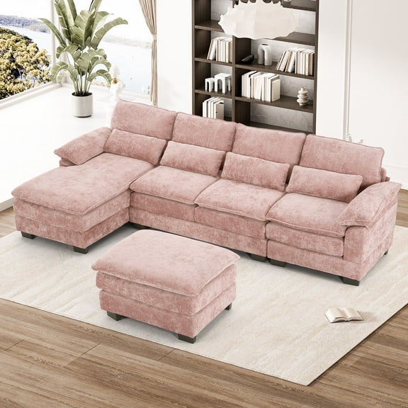 Wiilayok 114" U Shaped Sectional Sofa with Chaise Lounge and Ottoman,Chenille Modular Sectional Sofa Couch for Living Room,Pink