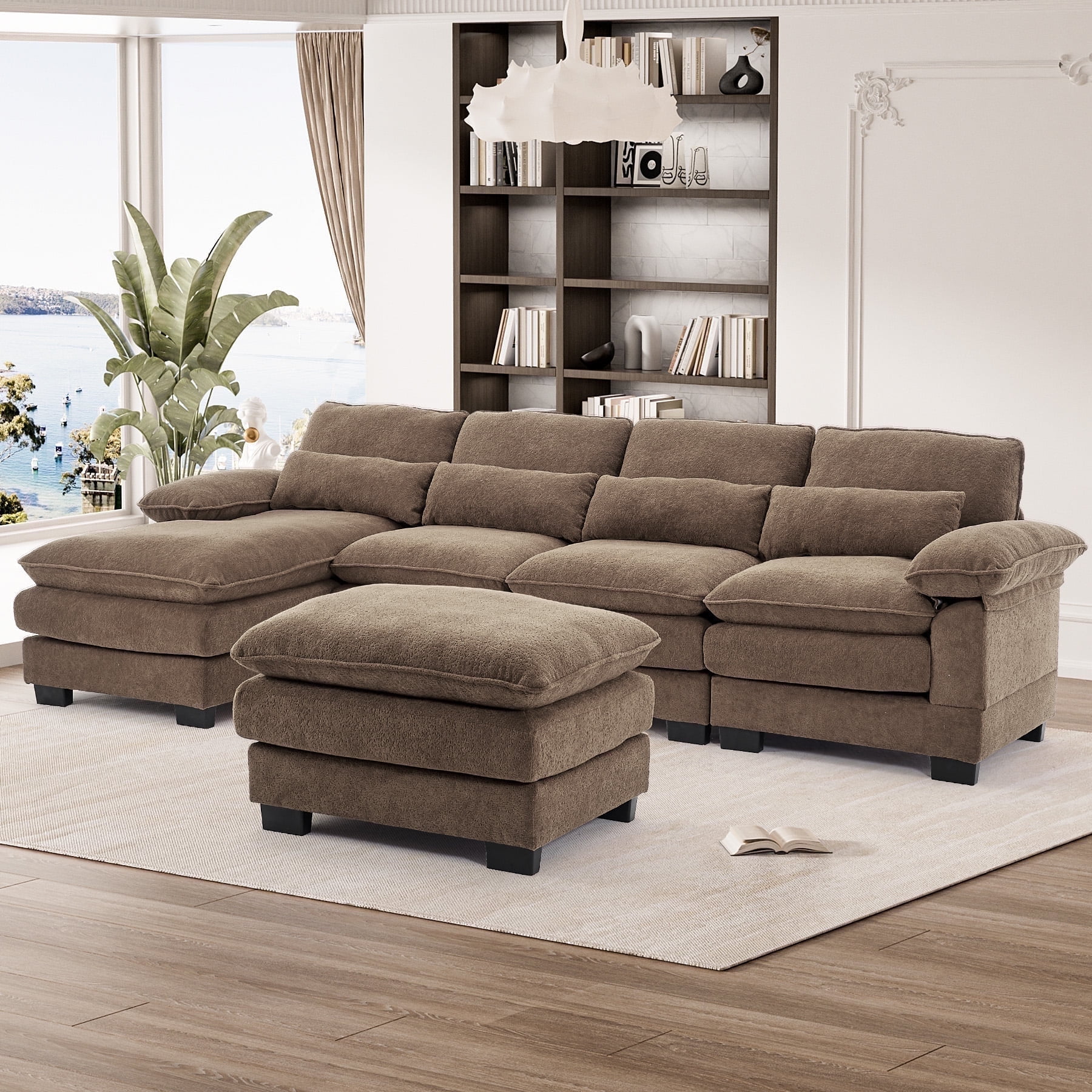 Wiilayok 114" U Shaped Sectional Sofa with Chaise Lounge and Ottoman,Chenille Modular Sectional Sofa Couch for Living Room,Brown