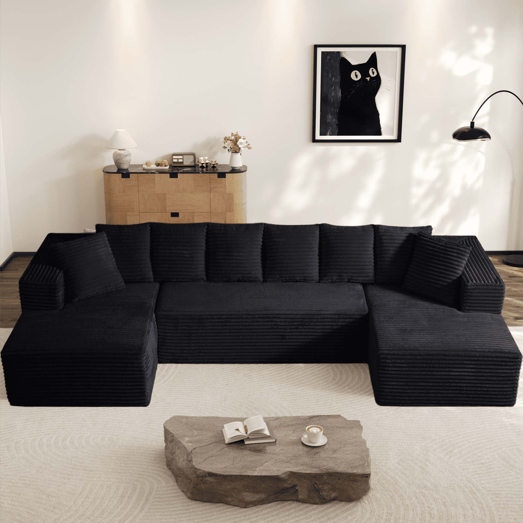 Wiilayok U Shaped Sectional Sofa,Modular Cloud Corduroy Sofa Couch with Extra Deep Seat for Living Room Sofa, No Assembly, Black