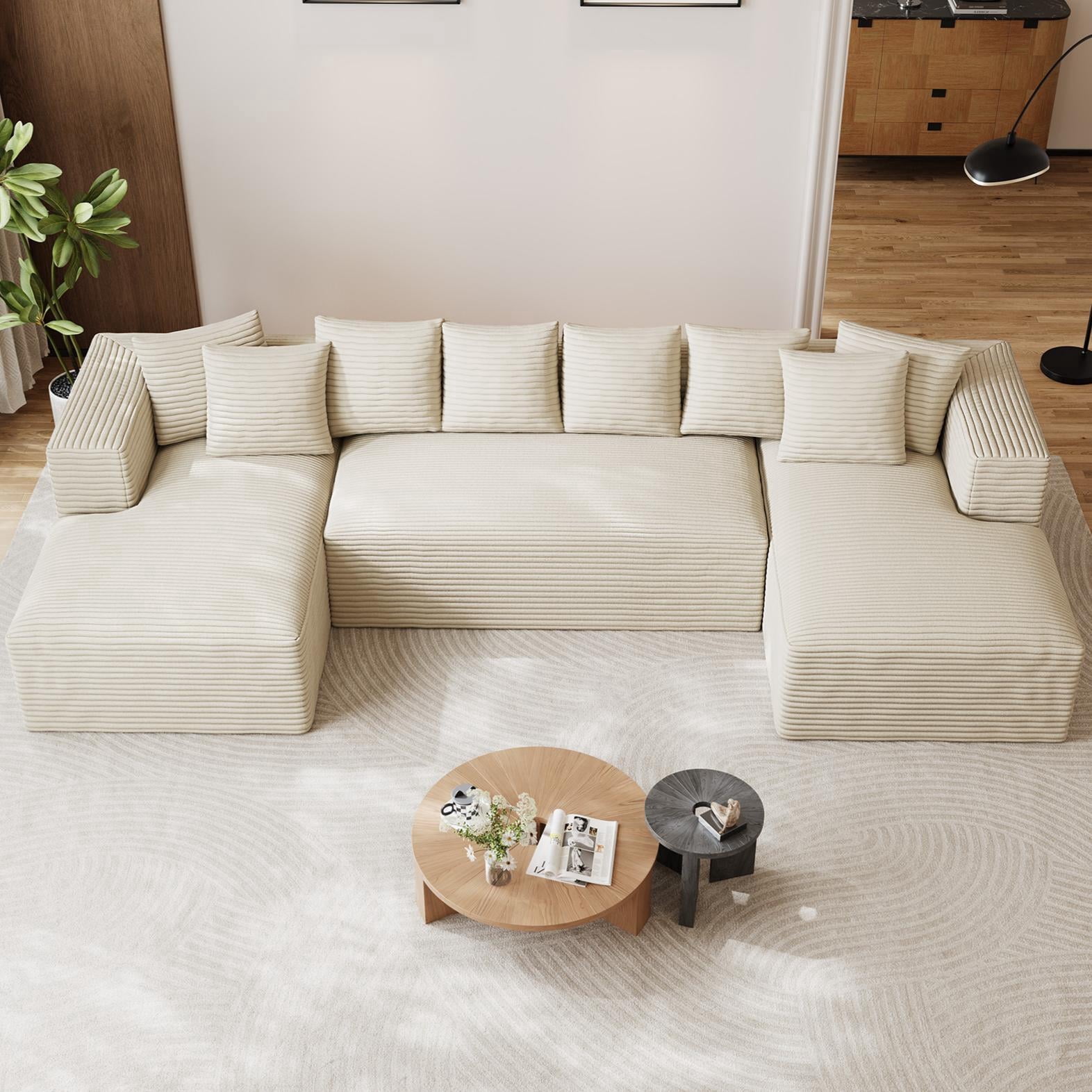 Wiilayok U Shaped Sectional Sofa,Modular Cloud Corduroy Sofa Couch with Extra Deep Seat for Living Room Sofa, No Assembly, Beige