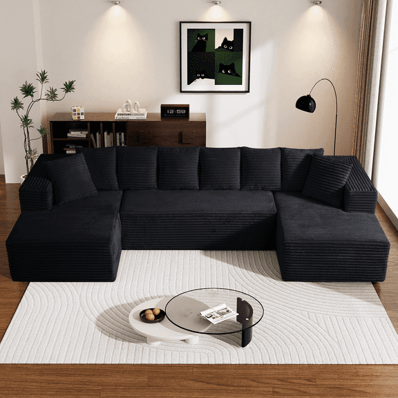 Wiilayok U Shaped Sectional Sofa,Modular Cloud Corduroy Sofa Couch with Extra Deep Seat for Living Room Sofa, No Assembly, Black
