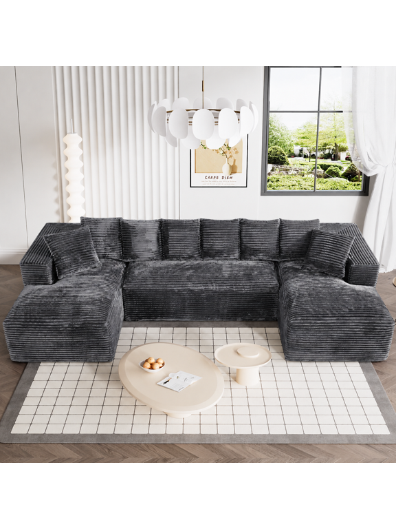 131" U Shaped Sectional Sofa with Deep Seat Chaise,Corduroy Modular Cloud Sofa Couch for Living Room,4 Seat,Gray