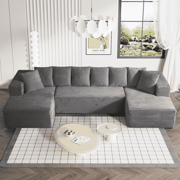 Wiilayok 130" U Shaped Sectional Sofa with Comfy Deep Seat,Cloud Corduroy Sofa Couch for Living Room,No Assembly Required,Gray