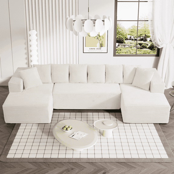 Wiilayok 131" U Shaped Sectional Sofa with Comfy Deep Seat,Cloud Corduroy Sofa Couch for Living Room,No Assembly Required,Beige