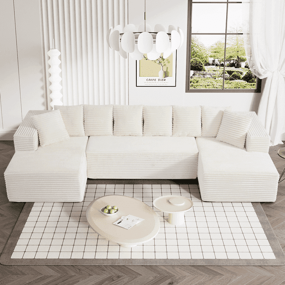 Wiilayok 130" U Shaped Sectional Sofa with Comfy Deep Seat,Cloud Corduroy Sofa Couch for Living Room,No Assembly Required,Beige