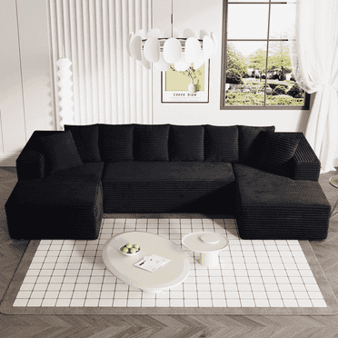 Wiilayok 130” U Shaped Sectional Sofa with Comfy Deep Seat,Cloud Corduroy Sofa Couch for Living Room,No Assembly Required,Black